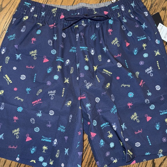 Hurley Volley Swim Shorts Mens HAVE FUN! Blue Palms Surf Aloha Lined L NWT 7.5"‎ - Picture 1 of 7